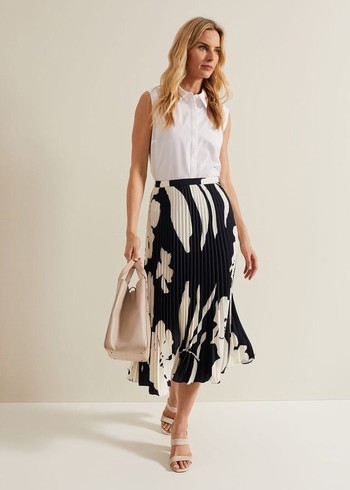 Phase Eight Elmina Floral Pleated Skirts Navy/White Canada | OFZCMX-924